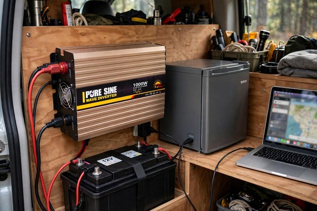 REP1000 inverter in camper van with 12V battery, fridge and laptop