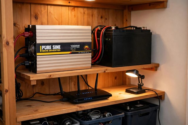 REP1000 inverter on home backup shelf with battery bank, router and lamp